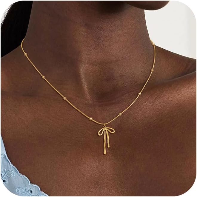 Risamil Store 14K Gold Plated Necklace for Women - Bow Necklace - Dainty Necklace Cute Small Tiny Bow Pendant Choker Chain Necklace Trendy Necklaces for Women Jewelry Gift - Image 1